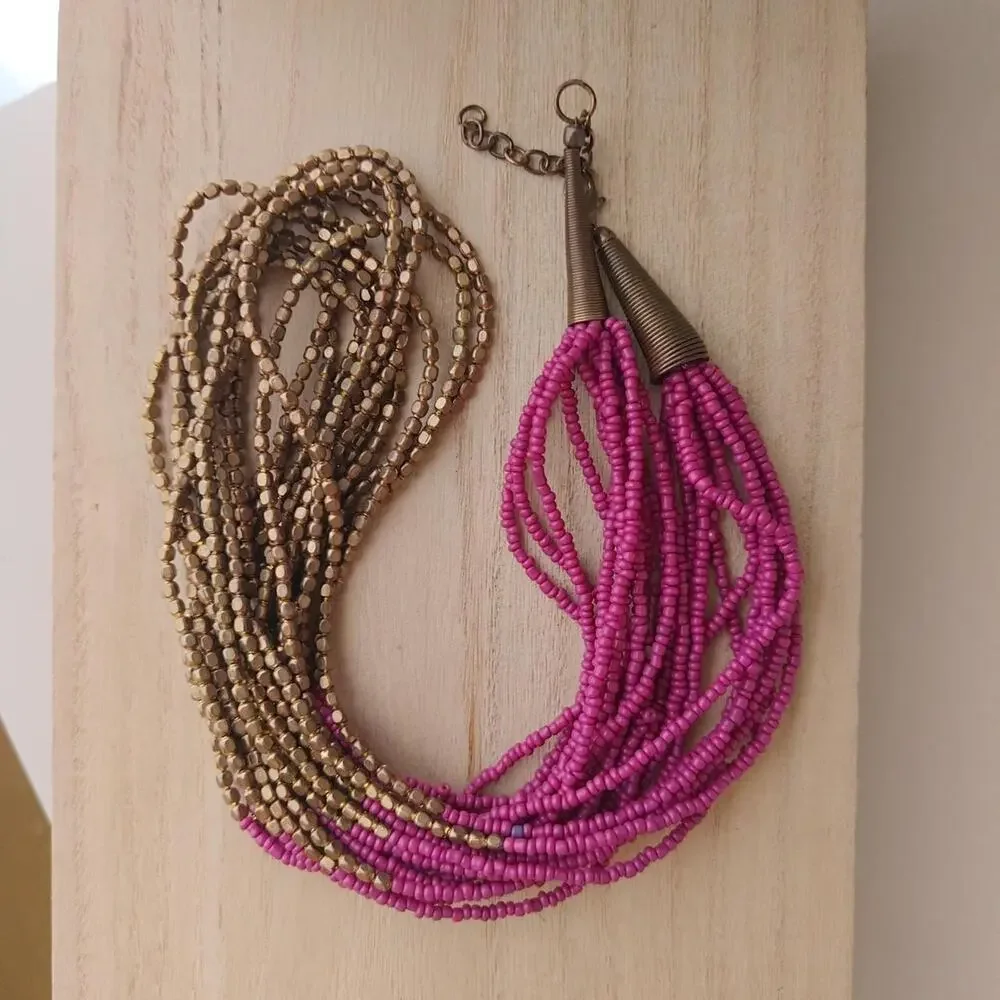 Boho fuschia and bronze two tone multi strand seed bead necklace